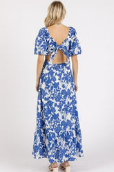 Mittoshop Cutout Back Floral Sweetheart Neck Puff Sleeve Dress OutfitFlow